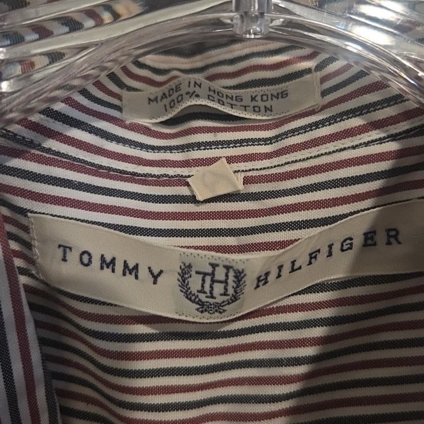 Tommy Hilfiger Red Navy White Striped Button Down, Men's Large Shirt, Vintage - Thumbnail 5