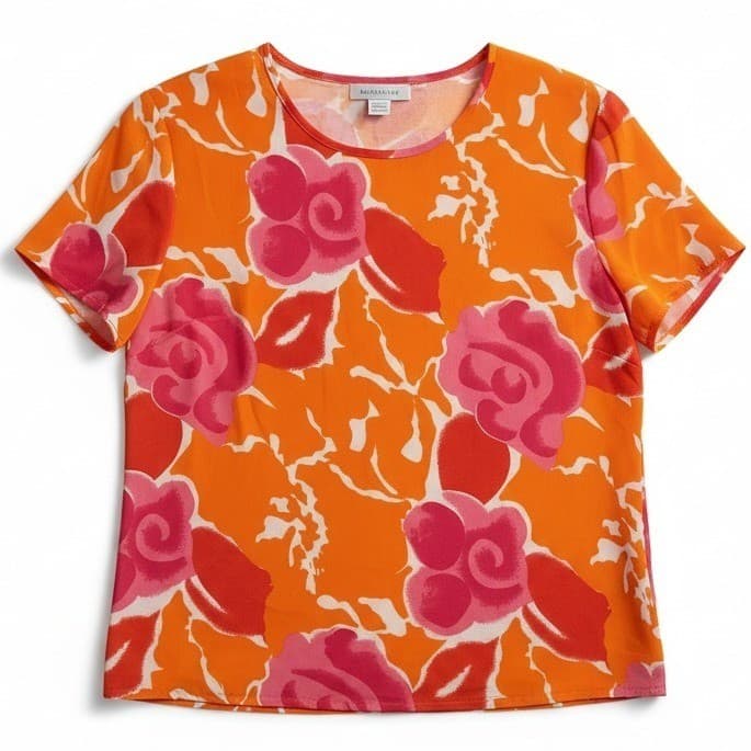 Hana Sung Orange Pink Floral Short Sleeve Blouse, Women's Small Top, Vintage