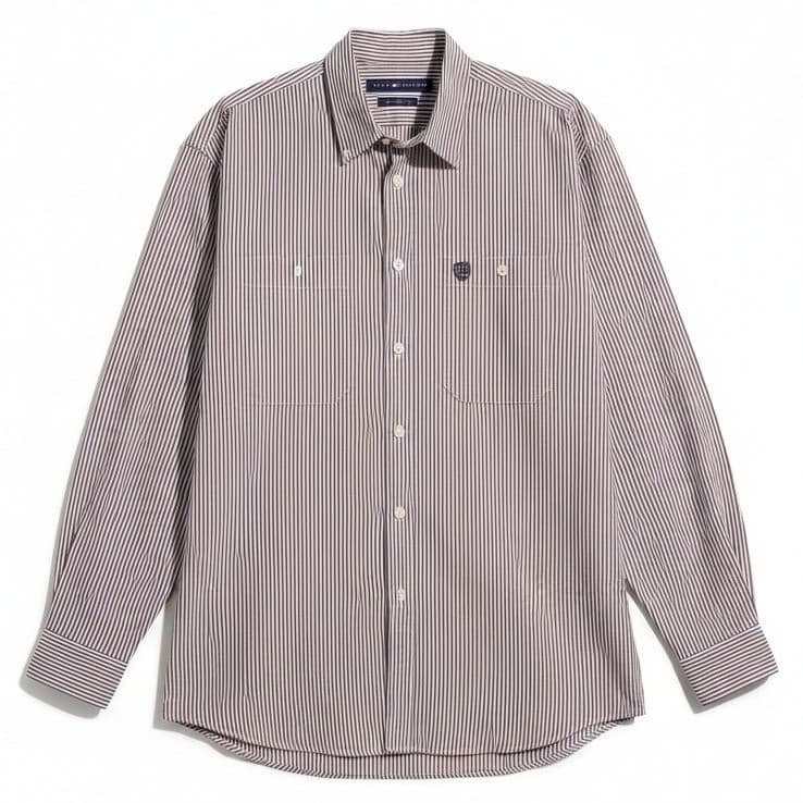 Tommy Hilfiger Red Navy White Striped Button Down, Men's Large Shirt, Vintage