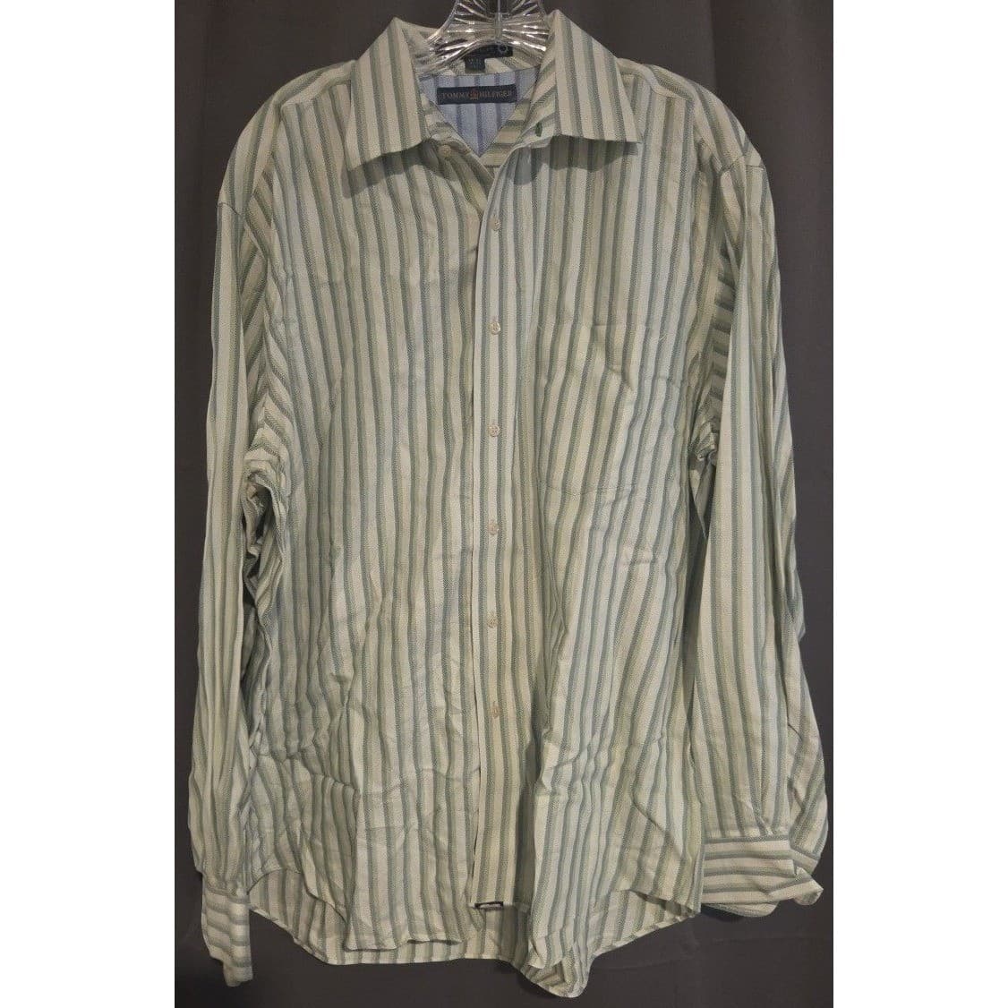 Tommy Hilfiger Tommy Traveler Green White Striped Button Down, Men's Large Shirt - Thumbnail 3