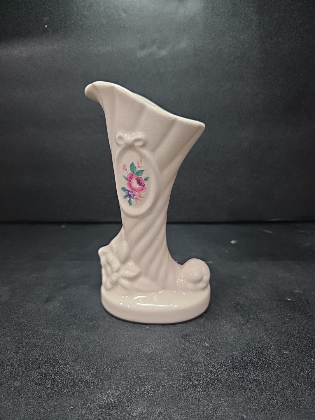 Lenox Style Cornucopia Bud Vase, 6" Hand Painted, Rose Floral Cream Vase, Vtg - Thumbnail 3
