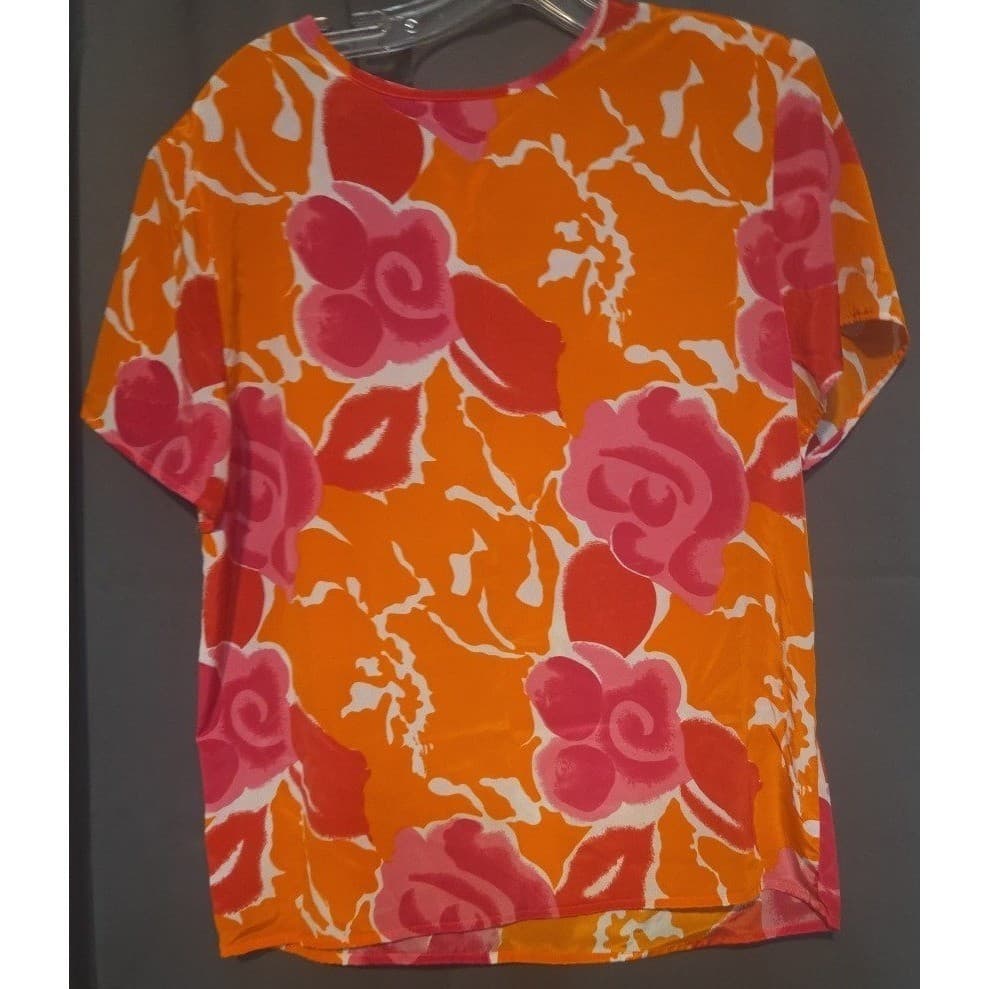 Hana Sung Orange Pink Floral Short Sleeve Blouse, Women's Small Top, Vintage - Thumbnail 3