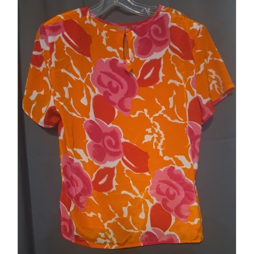 Hana Sung Orange Pink Floral Short Sleeve Blouse, Women's Small Top, Vintage - Thumbnail 4
