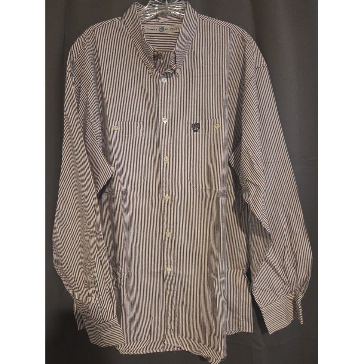 Tommy Hilfiger Red Navy White Striped Button Down, Men's Large Shirt, Vintage - Thumbnail 3