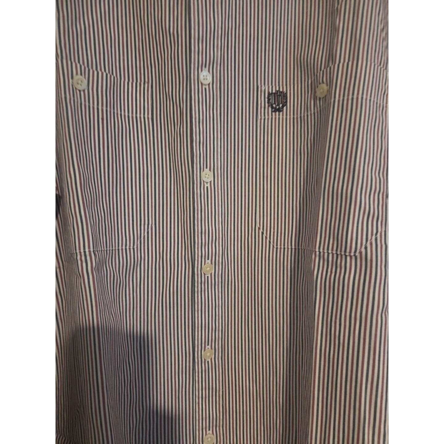 Tommy Hilfiger Red Navy White Striped Button Down, Men's Large Shirt, Vintage - Thumbnail 7