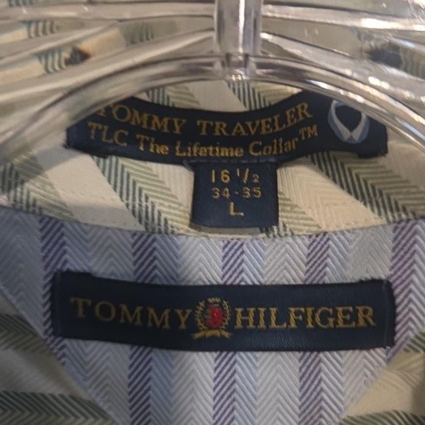 Tommy Hilfiger Tommy Traveler Green White Striped Button Down, Men's Large Shirt - Thumbnail 5