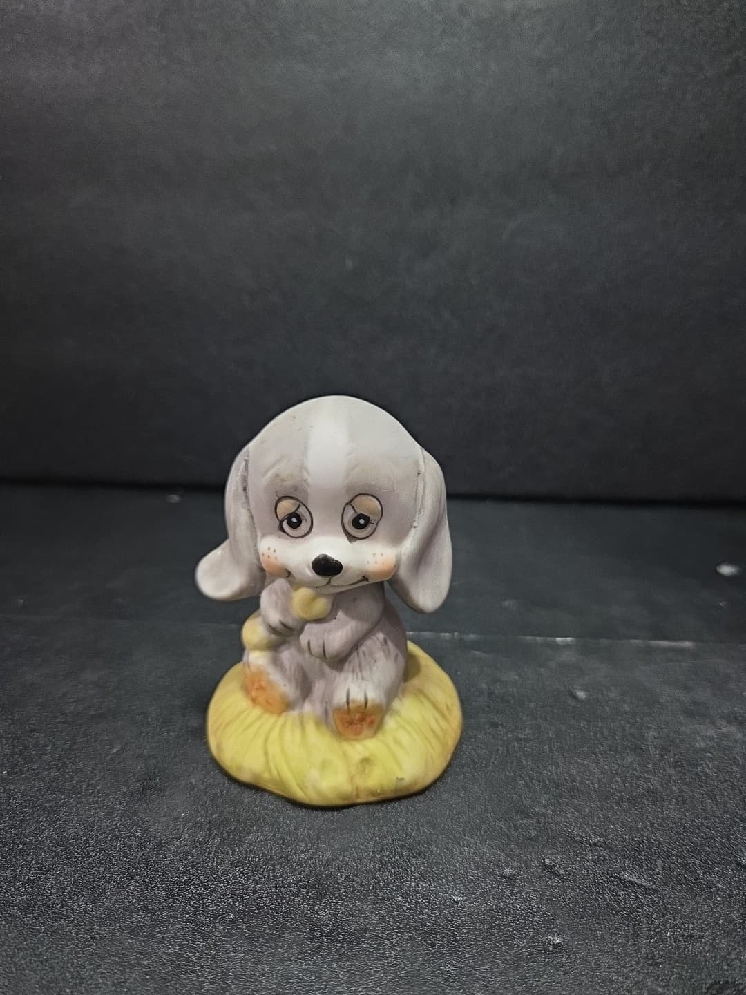 Puppy Porcelain Figurine 3.5", Grey Dog W/ Bone, Vtg Collectible, Price Products