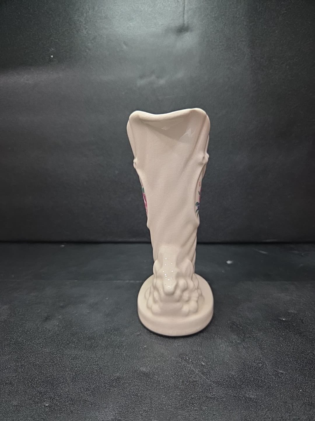 Lenox Style Cornucopia Bud Vase, 6" Hand Painted, Rose Floral Cream Vase, Vtg - Thumbnail 2