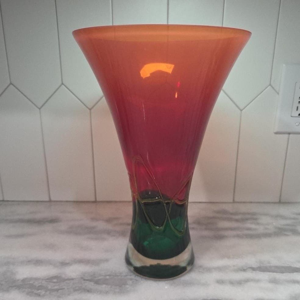 Murano Barbini Green Red Art Glass Vase, Vintage Replacement Holiday Centerpiece - Thumbnail 3