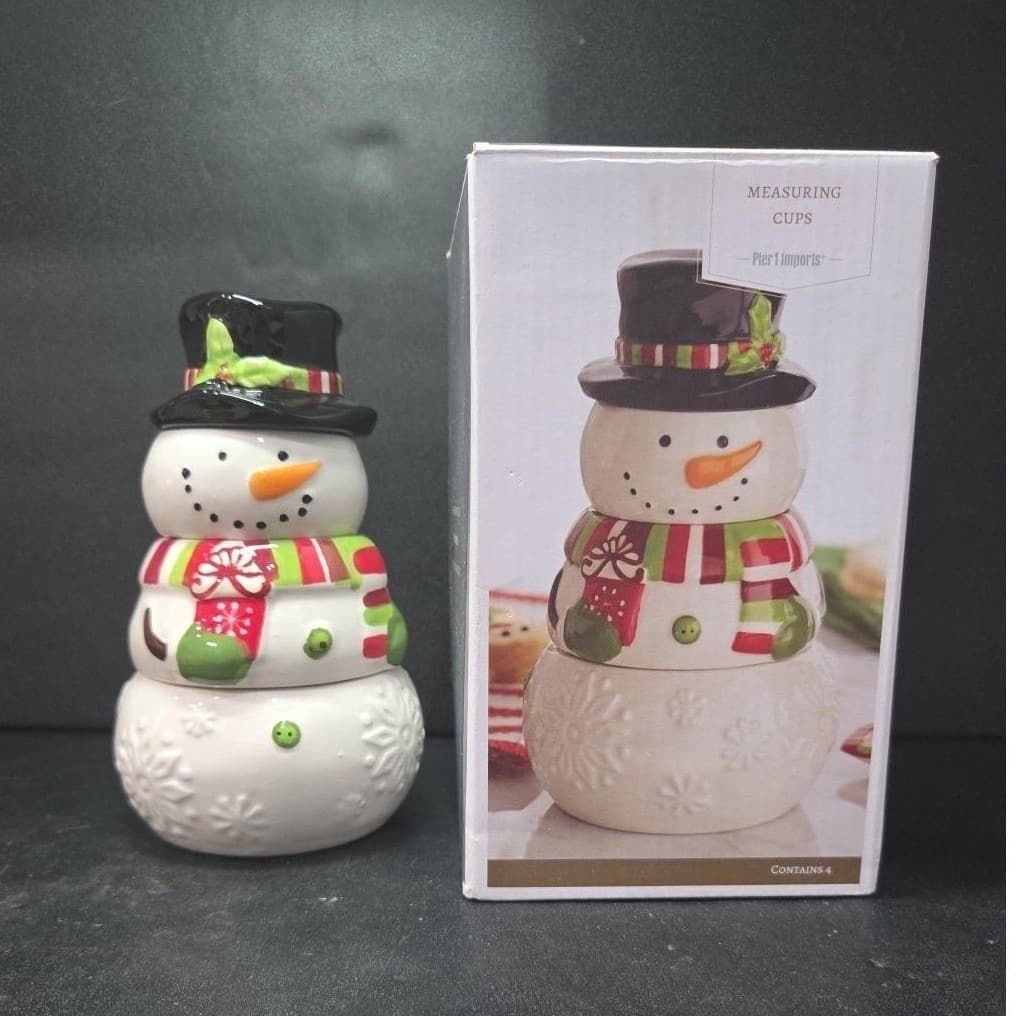 Pier 1 Stacking Snowman Measuring Cups, Four Piece Set, Vintage Christmas Decor - Thumbnail 2