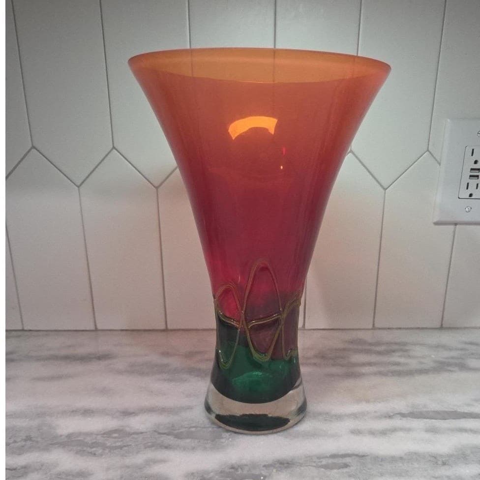 Murano Barbini Green Red Art Glass Vase, Vintage Replacement Holiday Centerpiece - Thumbnail 2