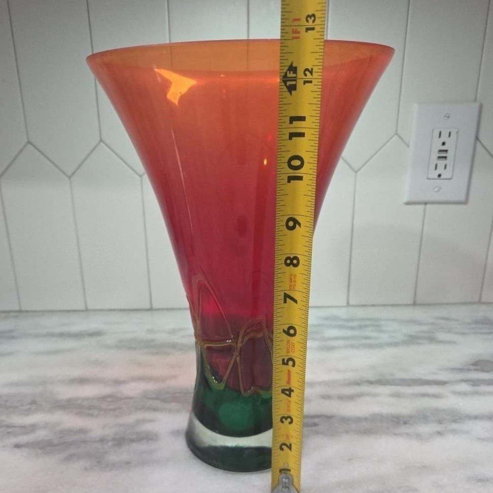 Murano Barbini Green Red Art Glass Vase, Vintage Replacement Holiday Centerpiece - Thumbnail 9