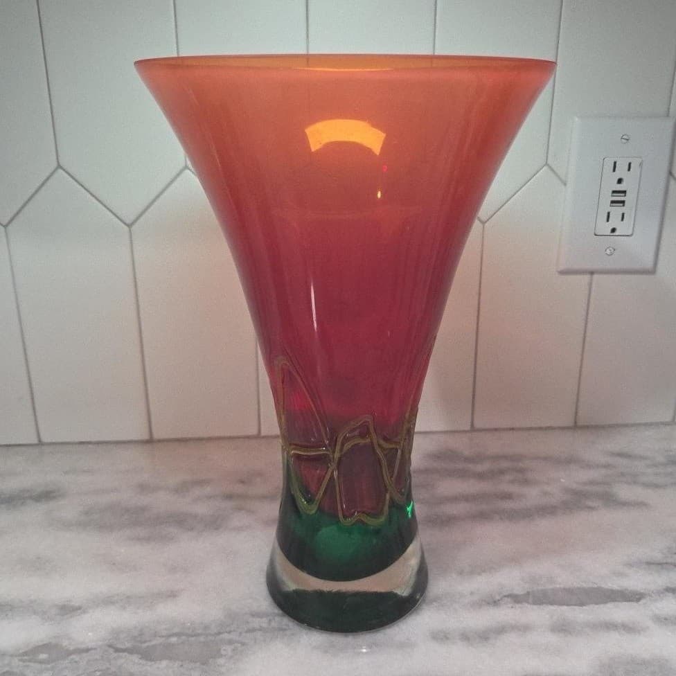 Murano Barbini Green Red Art Glass Vase, Vintage Replacement Holiday Centerpiece - Thumbnail 5