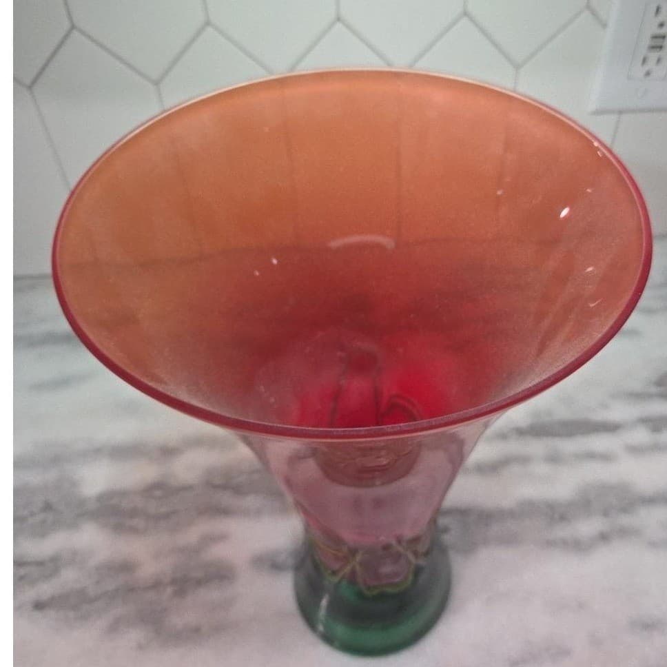Murano Barbini Green Red Art Glass Vase, Vintage Replacement Holiday Centerpiece - Thumbnail 6