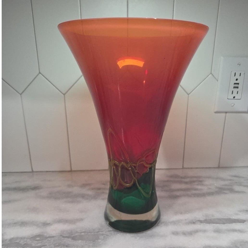 Murano Barbini Green Red Art Glass Vase, Vintage Replacement Holiday Centerpiece - Thumbnail 4