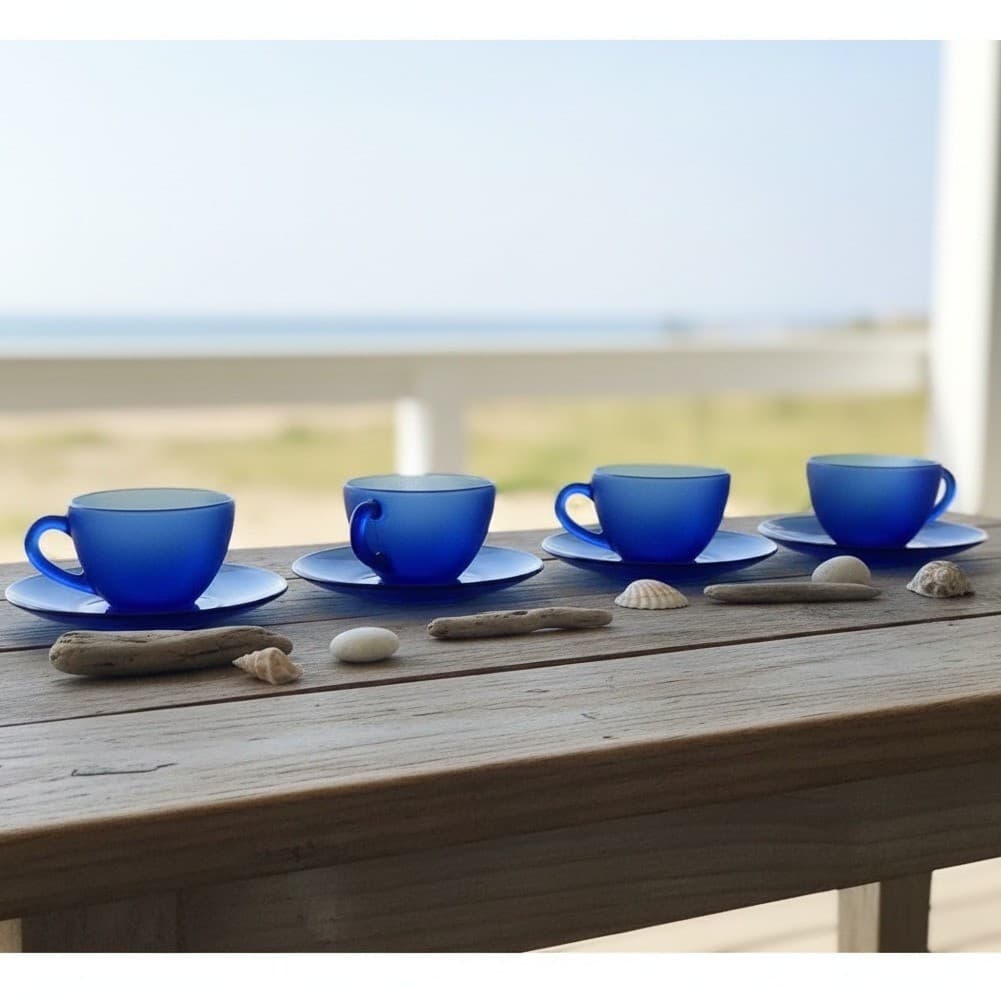 Resistente Brazil Cobalt Blue Teacups & Saucers, Eight Piece Set, Vtg Tableware