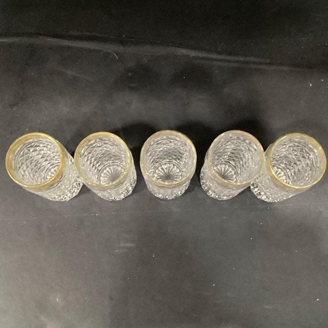Mid-Century Diamond Point Criss-Cross Juice Glasses, Set of 5 Gold-Trim Tumblers - Thumbnail 5