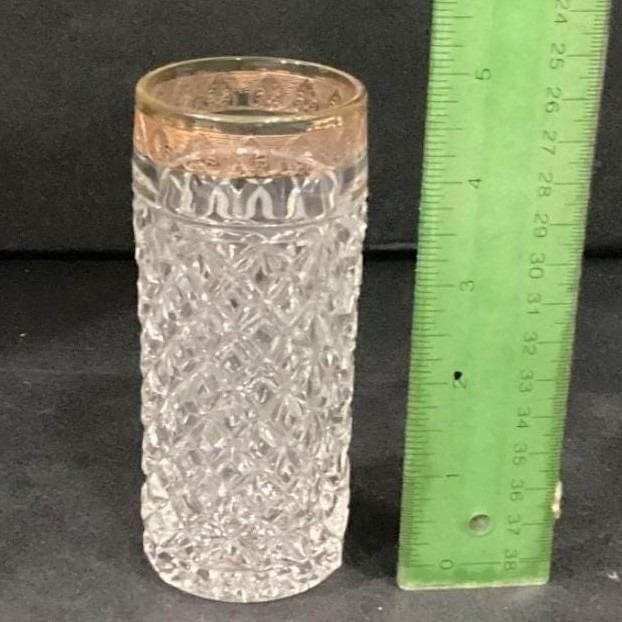 Mid-Century Diamond Point Criss-Cross Juice Glasses, Set of 5 Gold-Trim Tumblers - Thumbnail 2