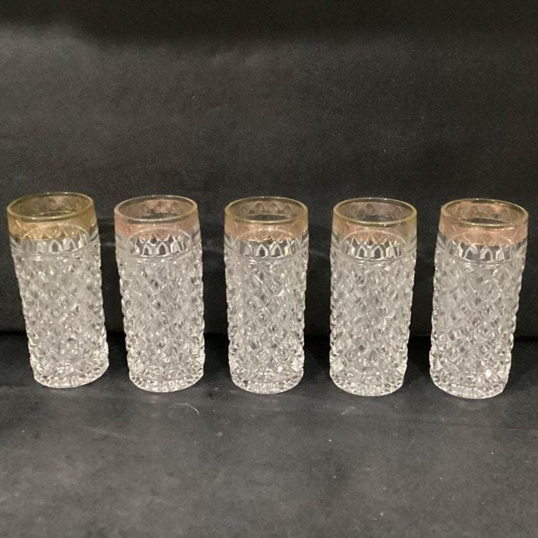 Mid-Century Diamond Point Criss-Cross Juice Glasses, Set of 5 Gold-Trim Tumblers - Thumbnail 10