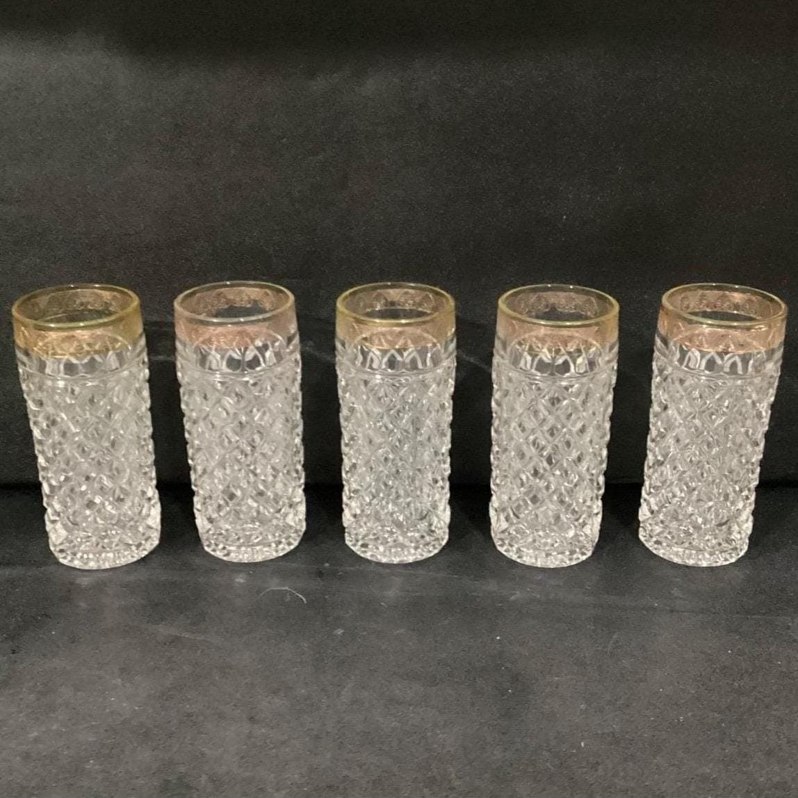 Mid-Century Diamond Point Criss-Cross Juice Glasses, Set of 5 Gold-Trim Tumblers - Thumbnail 11