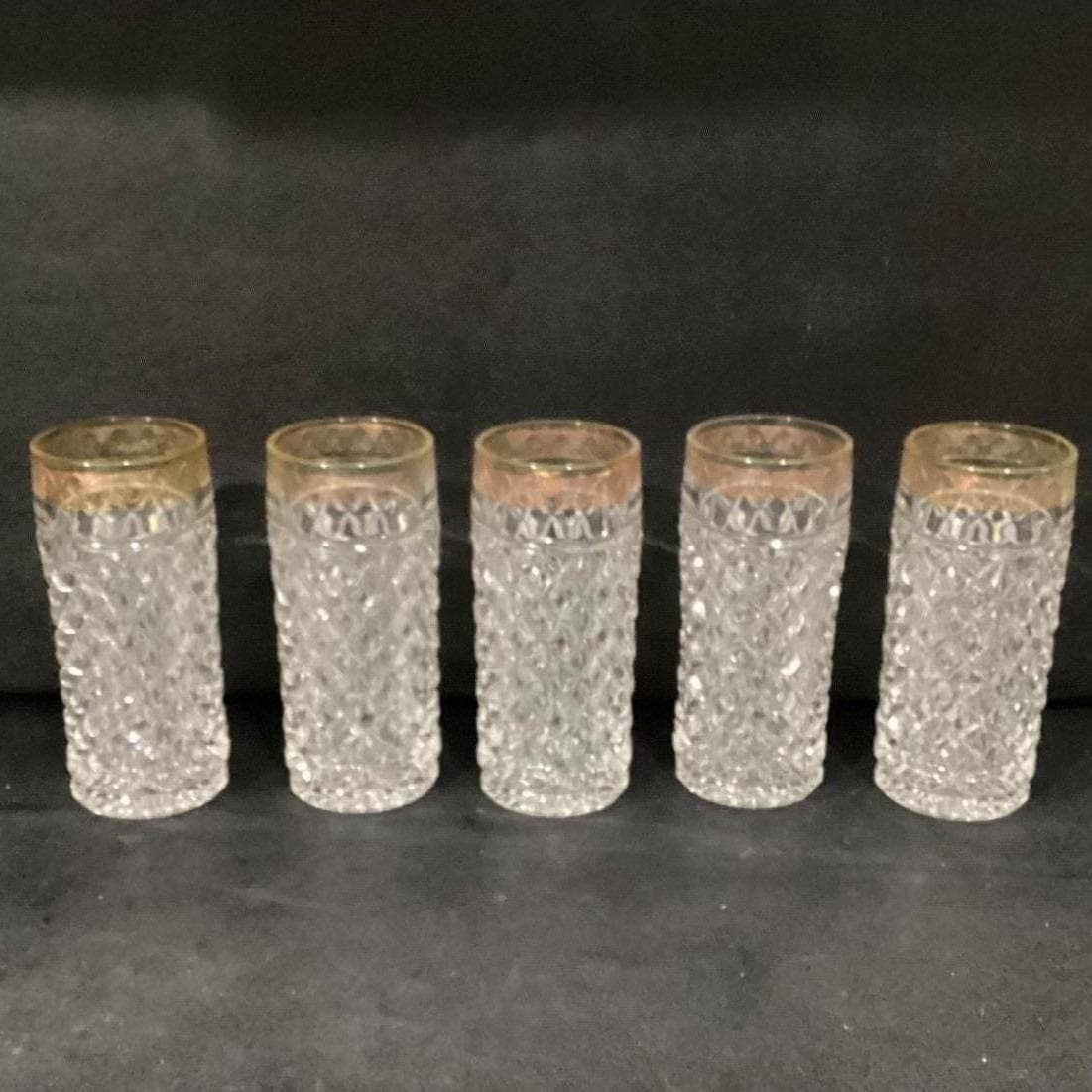 Mid-Century Diamond Point Criss-Cross Juice Glasses, Set of 5 Gold-Trim Tumblers - Thumbnail 7