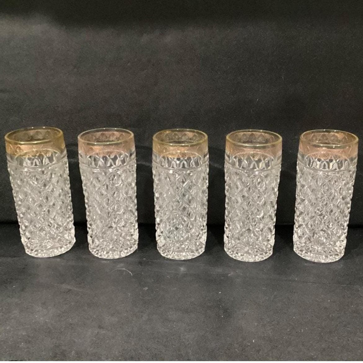 Mid-Century Diamond Point Criss-Cross Juice Glasses, Set of 5 Gold-Trim Tumblers - Thumbnail 9
