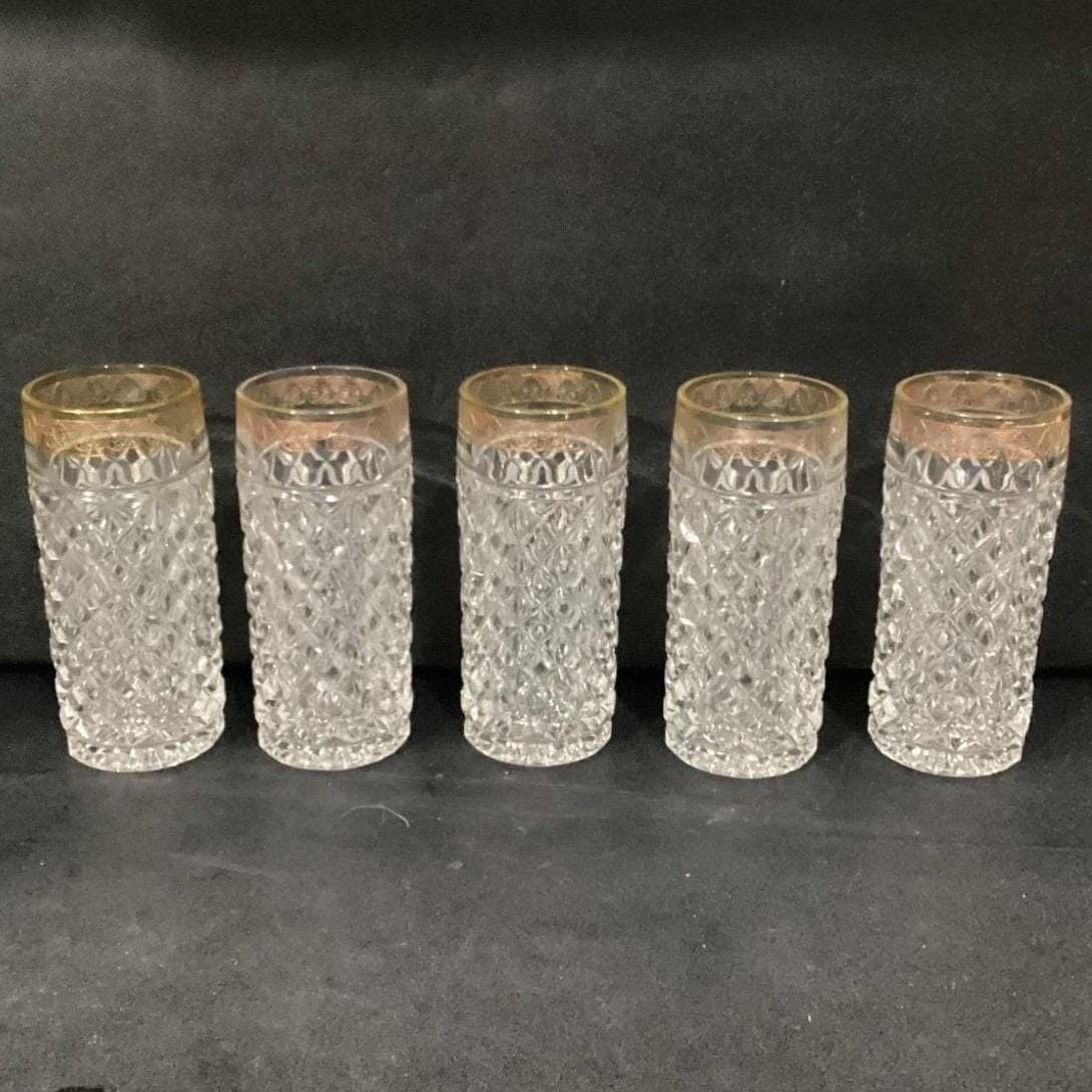 Mid-Century Diamond Point Criss-Cross Juice Glasses, Set of 5 Gold-Trim Tumblers - Thumbnail 8