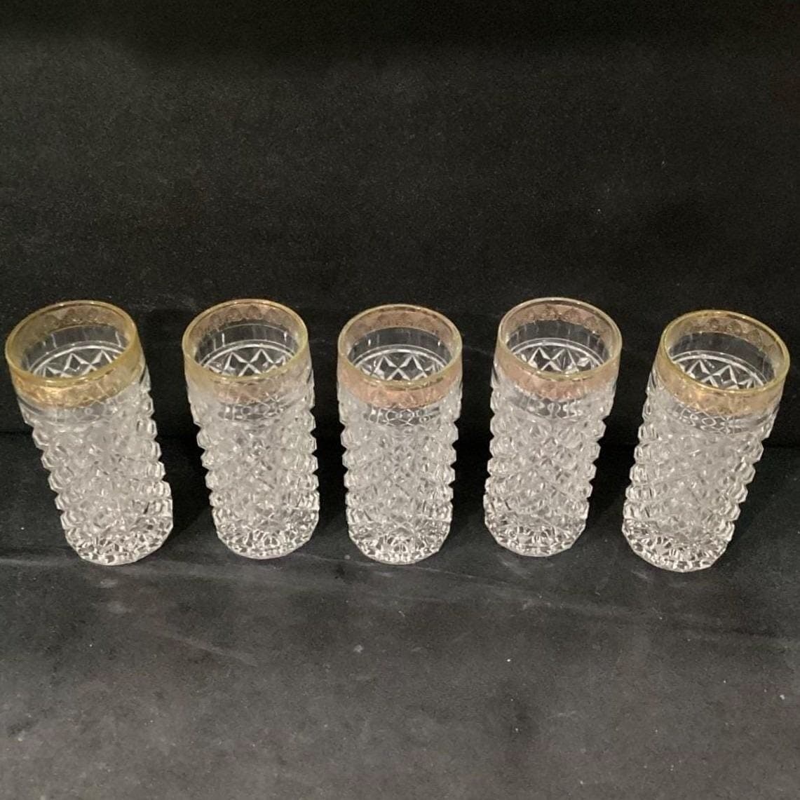 Mid-Century Diamond Point Criss-Cross Juice Glasses, Set of 5 Gold-Trim Tumblers - Thumbnail 6