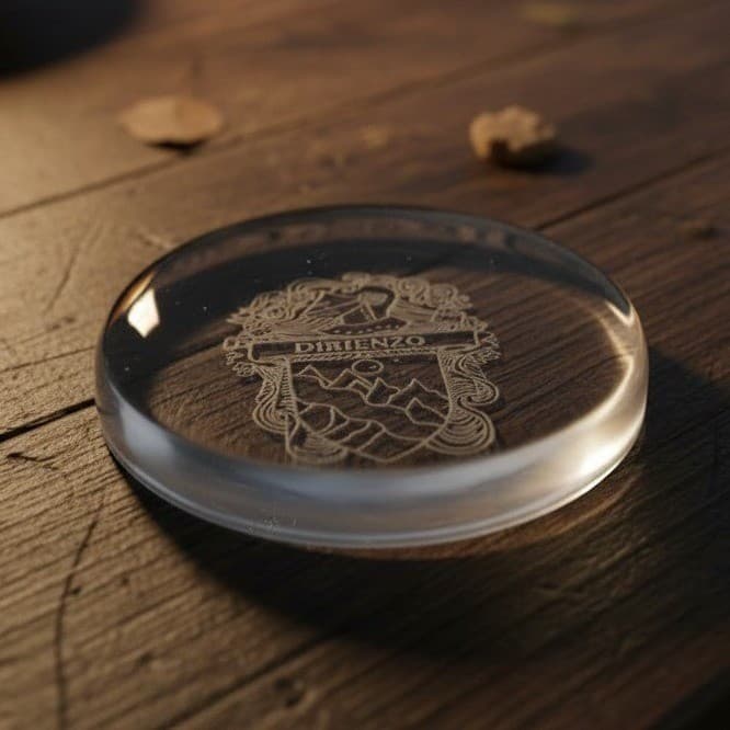 Shield Coat Of Arms Glass Paperweight, Etched Dirienzo Crest, Office Decor