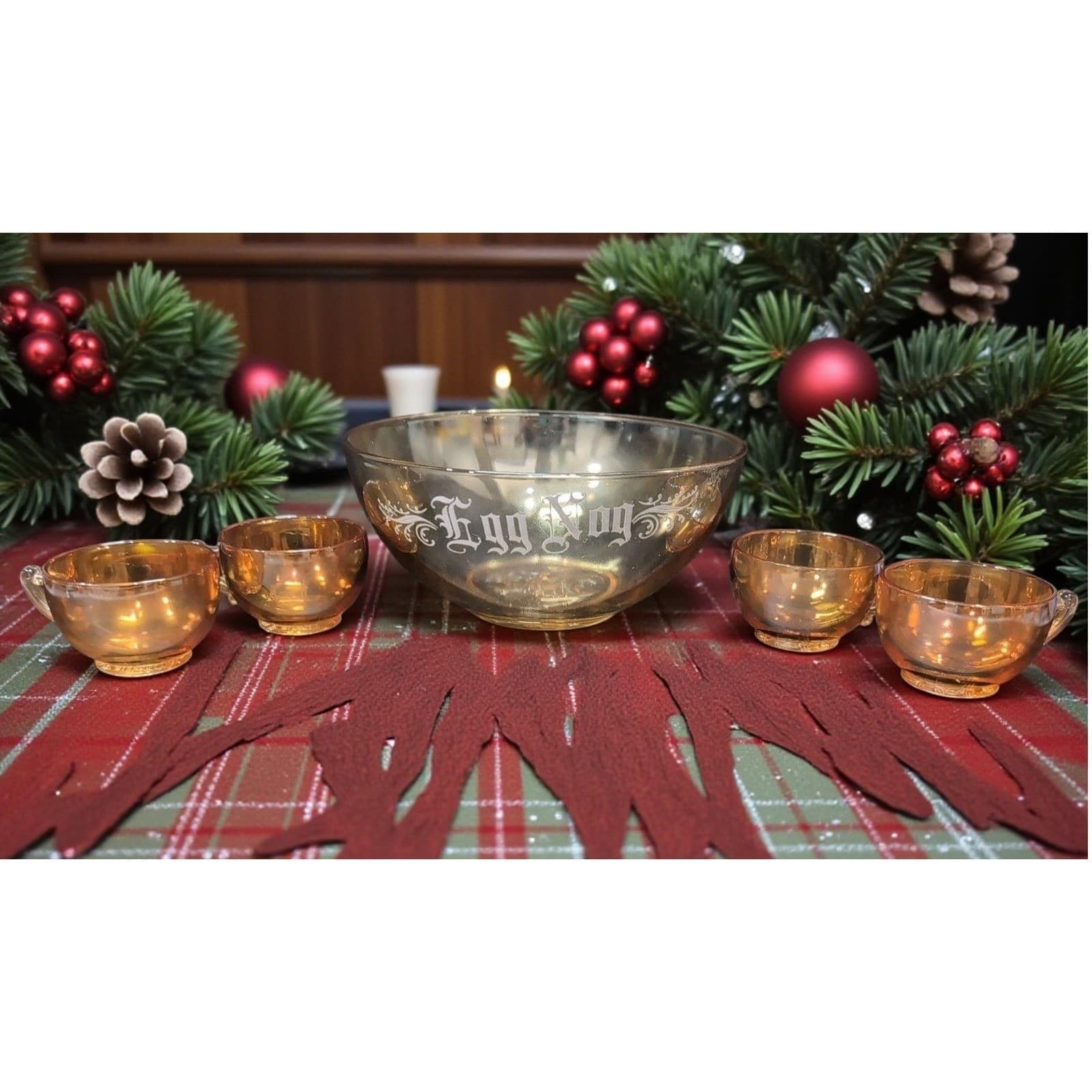 Jeanette Marigold Carnival Glass Punch Bowl, Five Piece Setting, Lusterware