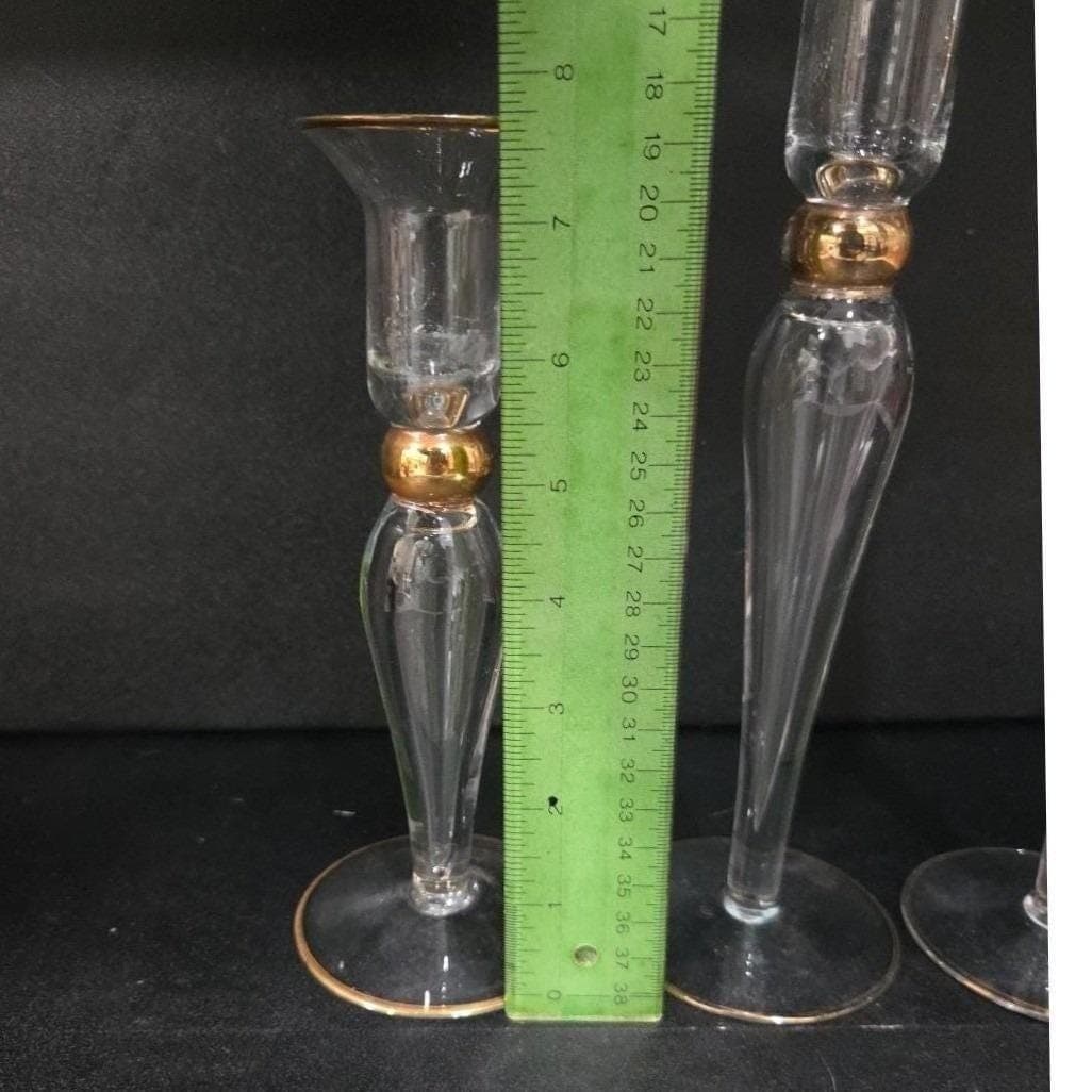 Long-Stemmed Fluted Glass Candlestick Holders, Set of 3 Vintage Gold-Rim Holiday - Thumbnail 2