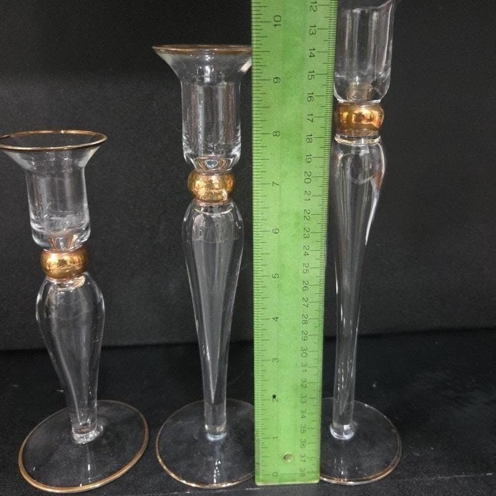 Long-Stemmed Fluted Glass Candlestick Holders, Set of 3 Vintage Gold-Rim Holiday - Thumbnail 3
