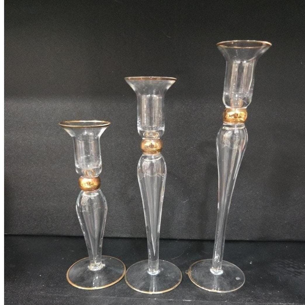 Long-Stemmed Fluted Glass Candlestick Holders, Set of 3 Vintage Gold-Rim Holiday - Thumbnail 9