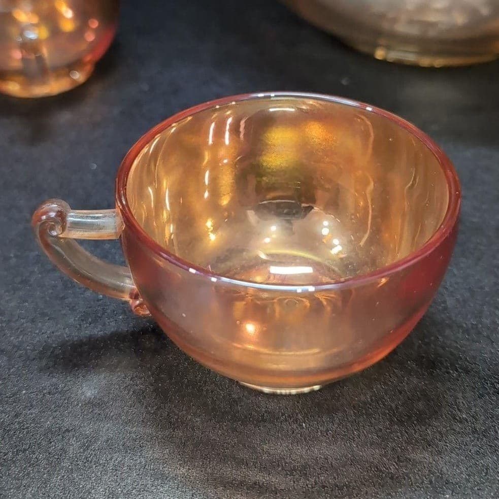 Jeanette Marigold Carnival Glass Punch Bowl, Five Piece Setting, Lusterware - Thumbnail 6