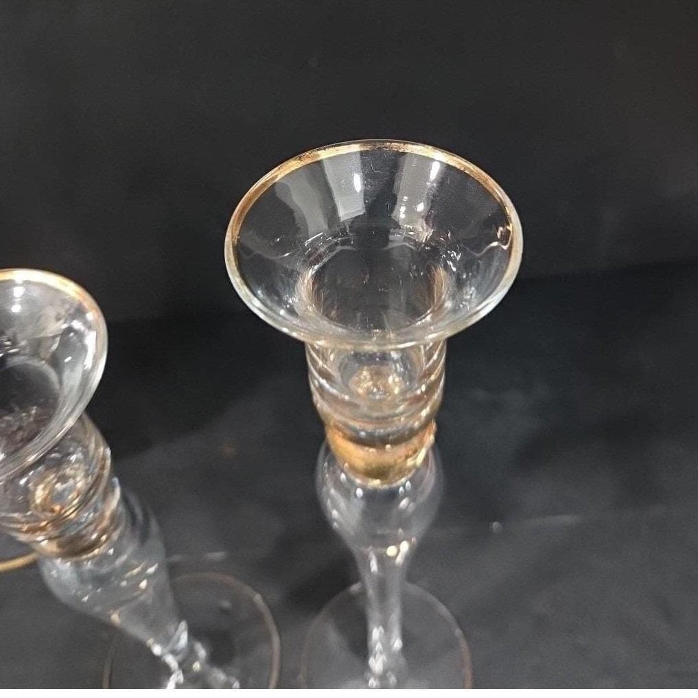 Long-Stemmed Fluted Glass Candlestick Holders, Set of 3 Vintage Gold-Rim Holiday - Thumbnail 7