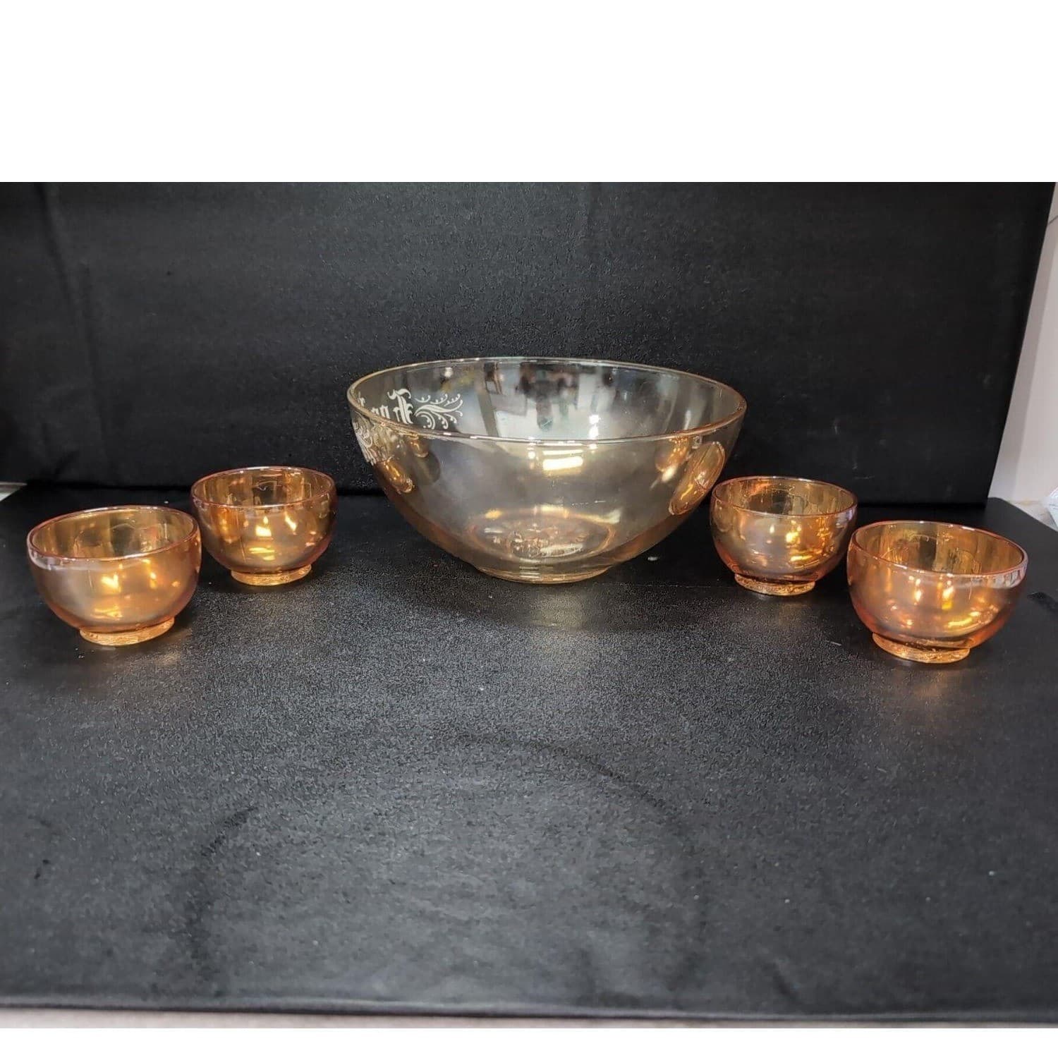 Jeanette Marigold Carnival Glass Punch Bowl, Five Piece Setting, Lusterware - Thumbnail 3