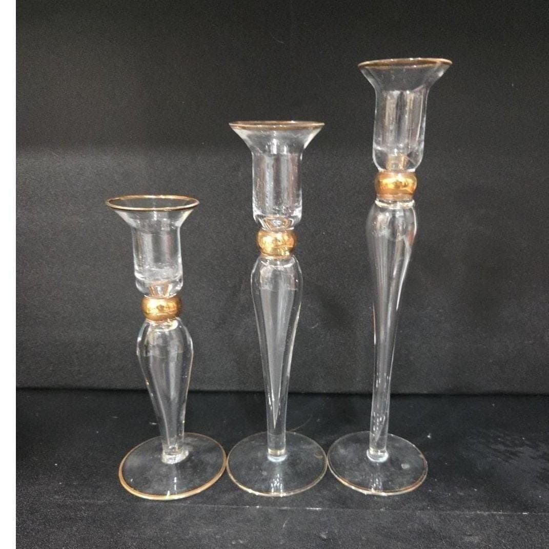 Long-Stemmed Fluted Glass Candlestick Holders, Set of 3 Vintage Gold-Rim Holiday - Thumbnail 11