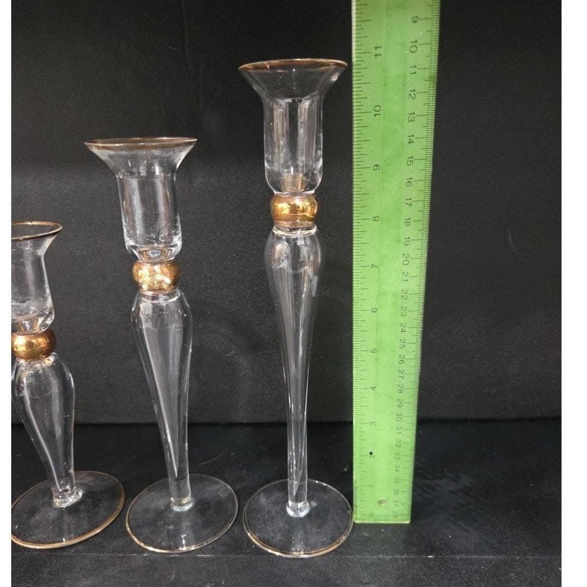Long-Stemmed Fluted Glass Candlestick Holders, Set of 3 Vintage Gold-Rim Holiday - Thumbnail 4