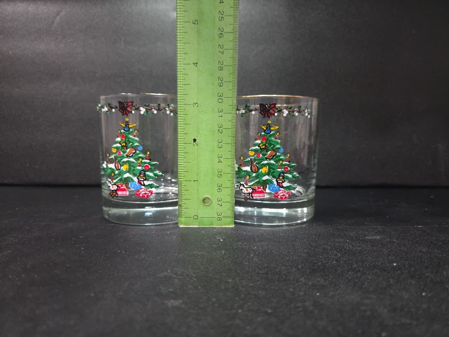 Christmas Tree Low Ball Glasses Set, Gold Rimmed Vintage Pair, Holiday Drinkware - Thumbnail 8