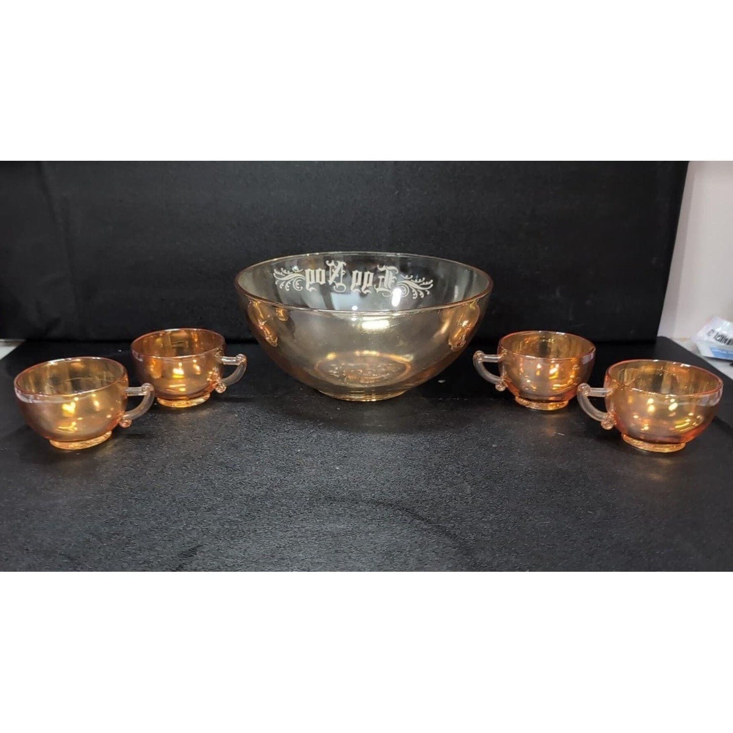 Jeanette Marigold Carnival Glass Punch Bowl, Five Piece Setting, Lusterware - Thumbnail 4