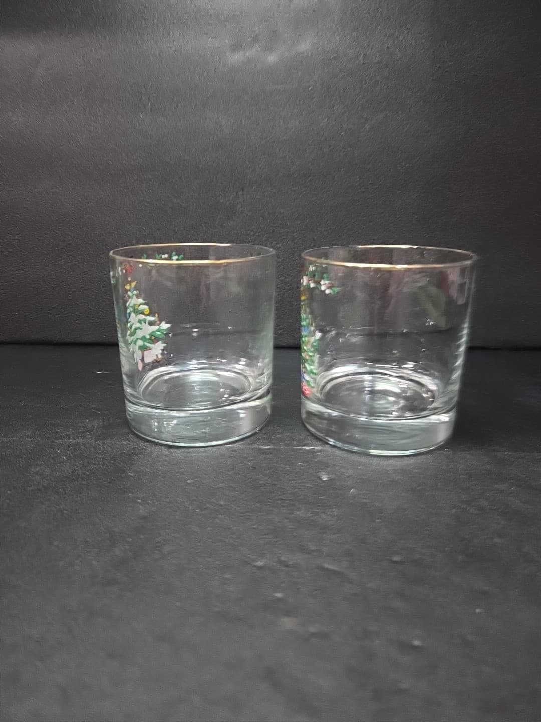 Christmas Tree Low Ball Glasses Set, Gold Rimmed Vintage Pair, Holiday Drinkware - Thumbnail 2