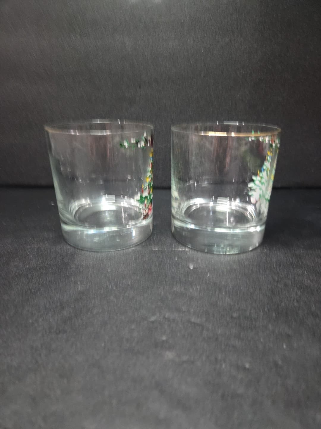 Christmas Tree Low Ball Glasses Set, Gold Rimmed Vintage Pair, Holiday Drinkware - Thumbnail 4