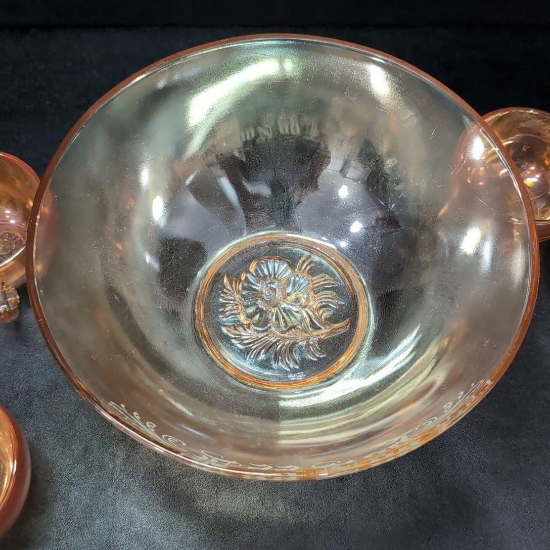 Jeanette Marigold Carnival Glass Punch Bowl, Five Piece Setting, Lusterware - Thumbnail 9