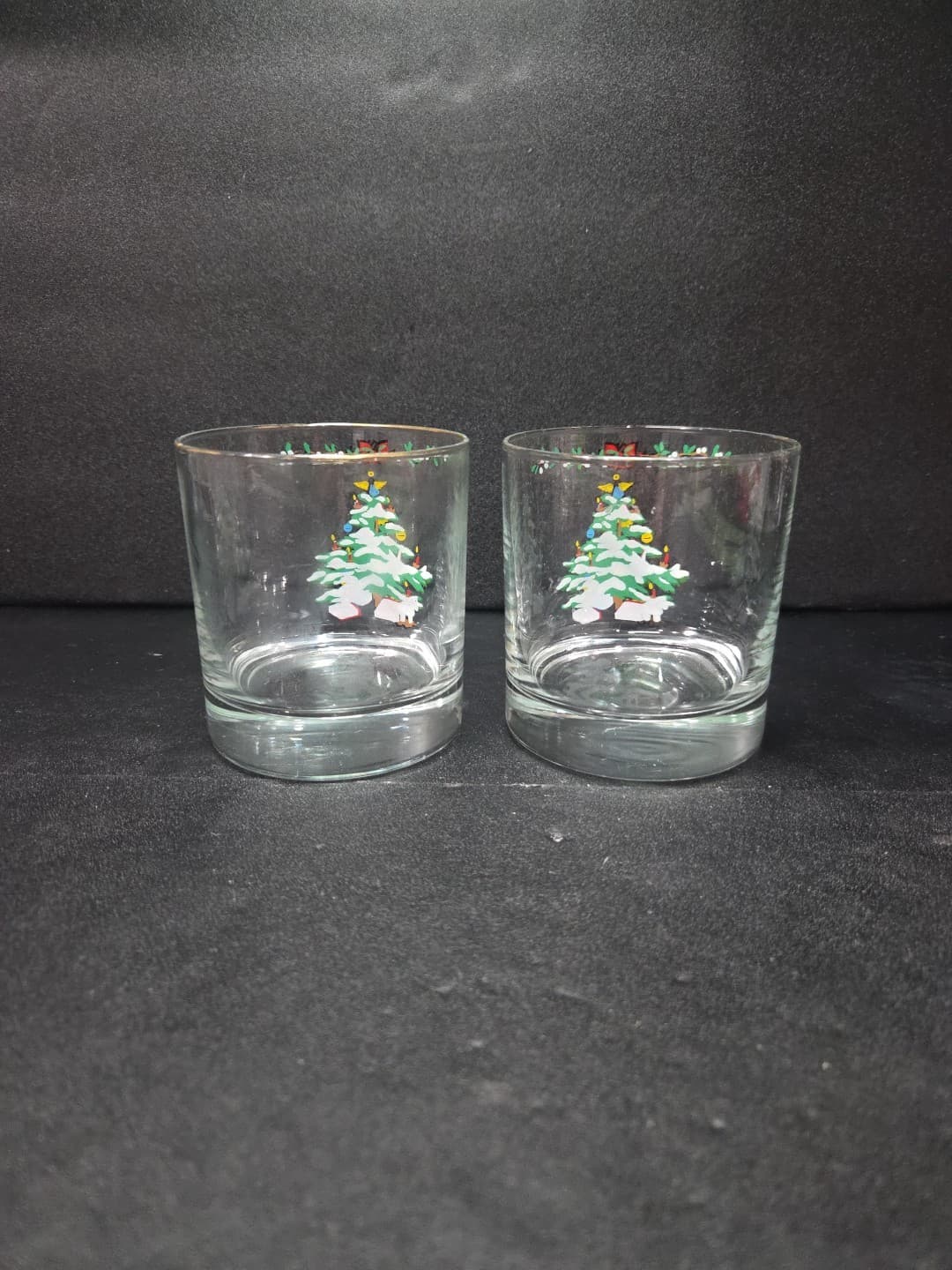Christmas Tree Low Ball Glasses Set, Gold Rimmed Vintage Pair, Holiday Drinkware - Thumbnail 3