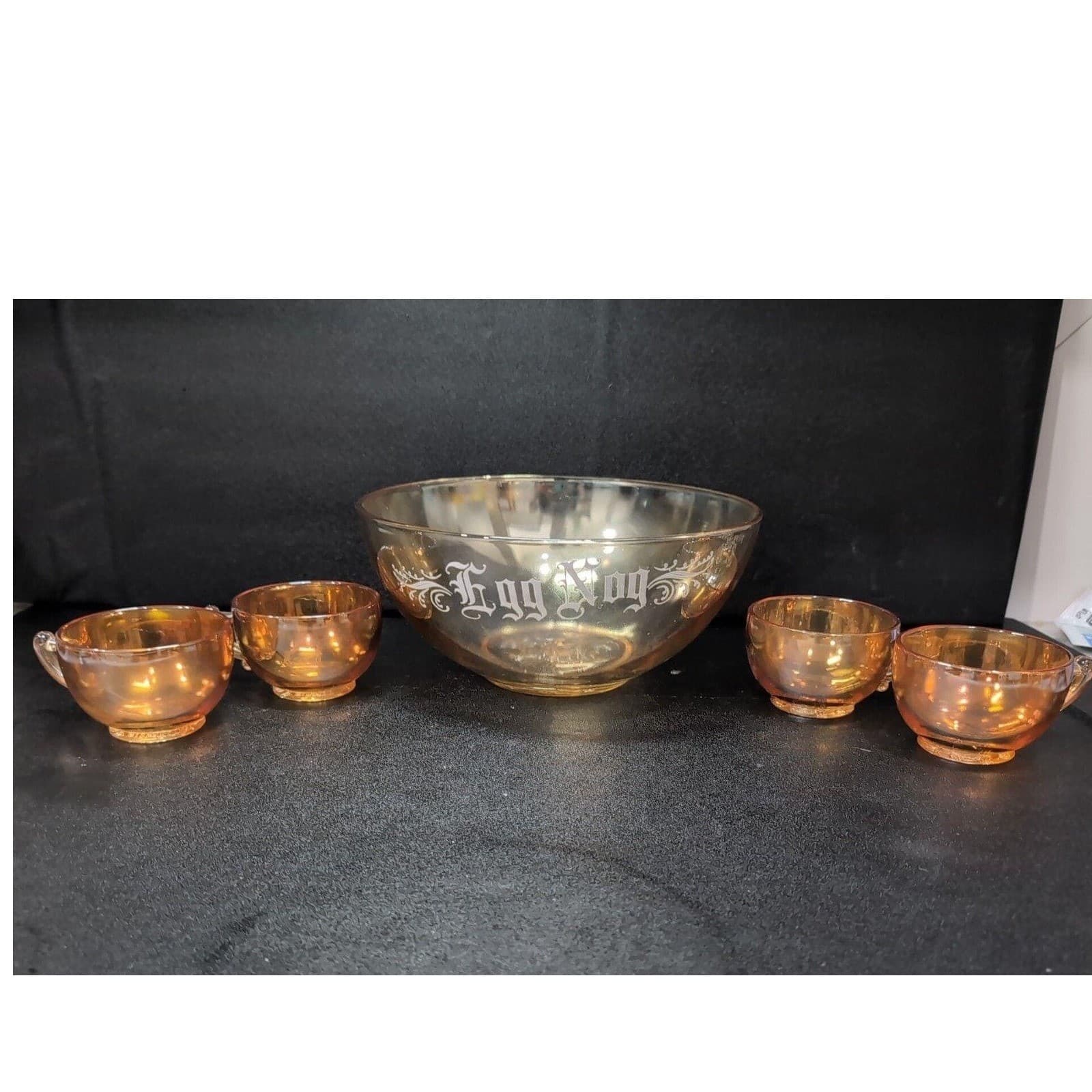 Jeanette Marigold Carnival Glass Punch Bowl, Five Piece Setting, Lusterware - Thumbnail 2