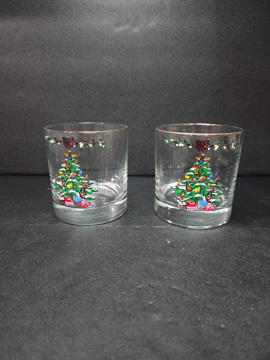 Christmas Tree Low Ball Glasses Set, Gold Rimmed Vintage Pair, Holiday Drinkware