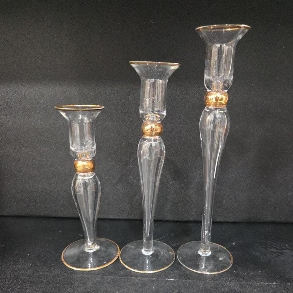 Long-Stemmed Fluted Glass Candlestick Holders, Set of 3 Vintage Gold-Rim Holiday - Thumbnail 10