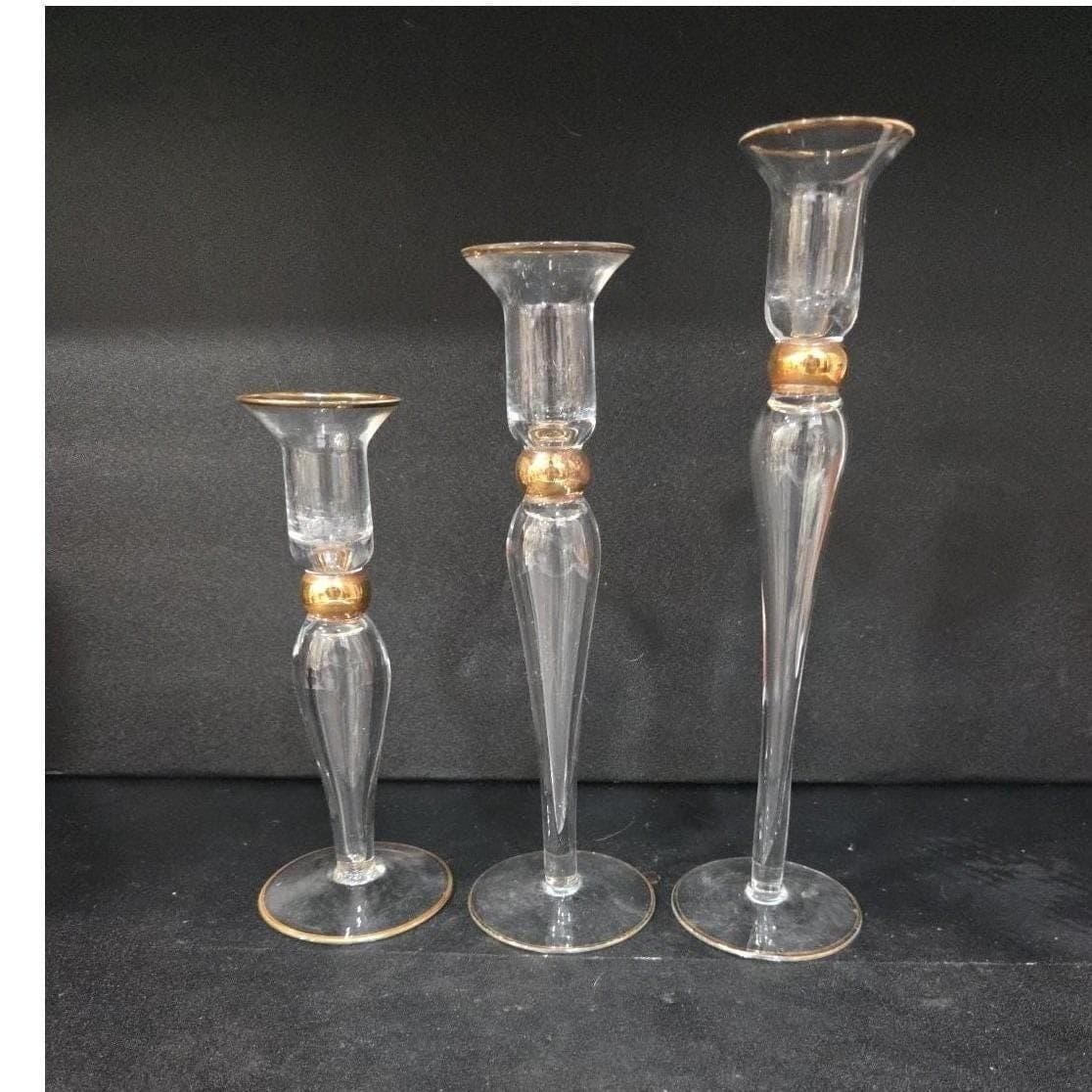 Long-Stemmed Fluted Glass Candlestick Holders, Set of 3 Vintage Gold-Rim Holiday - Thumbnail 8