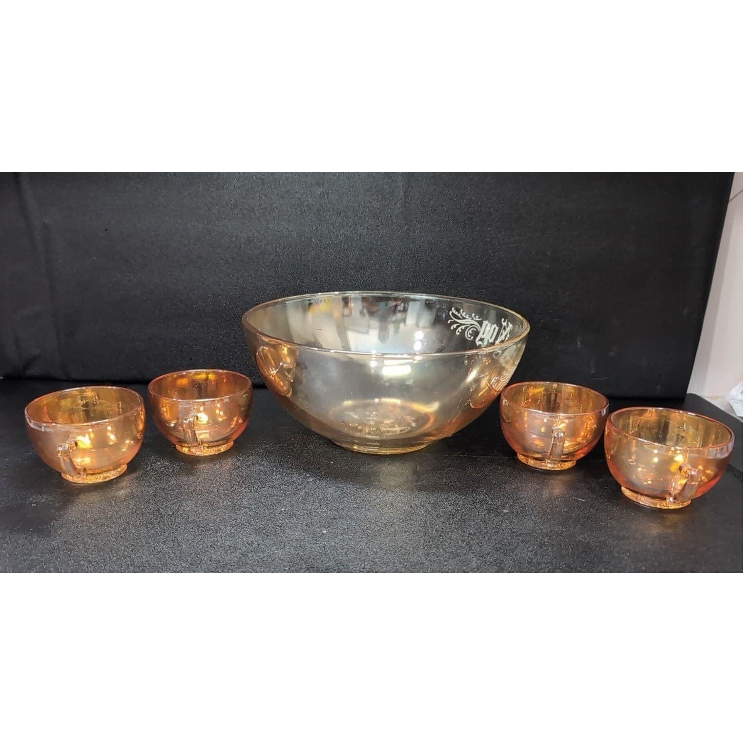 Jeanette Marigold Carnival Glass Punch Bowl, Five Piece Setting, Lusterware - Thumbnail 5