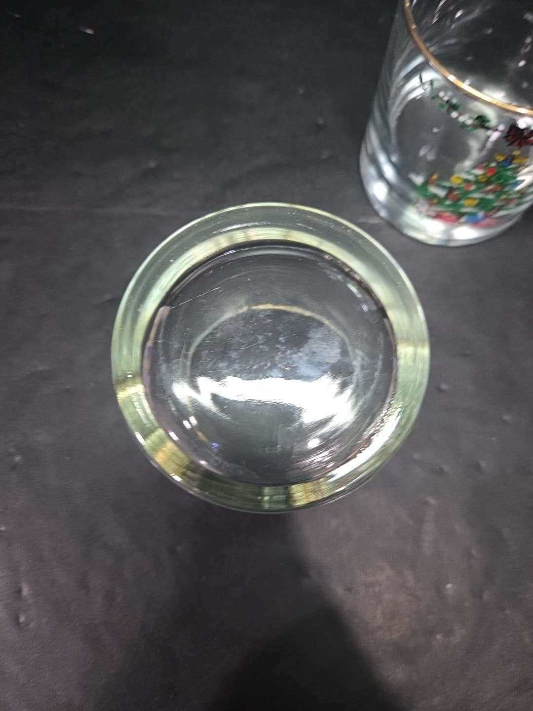 Christmas Tree Low Ball Glasses Set, Gold Rimmed Vintage Pair, Holiday Drinkware - Thumbnail 7